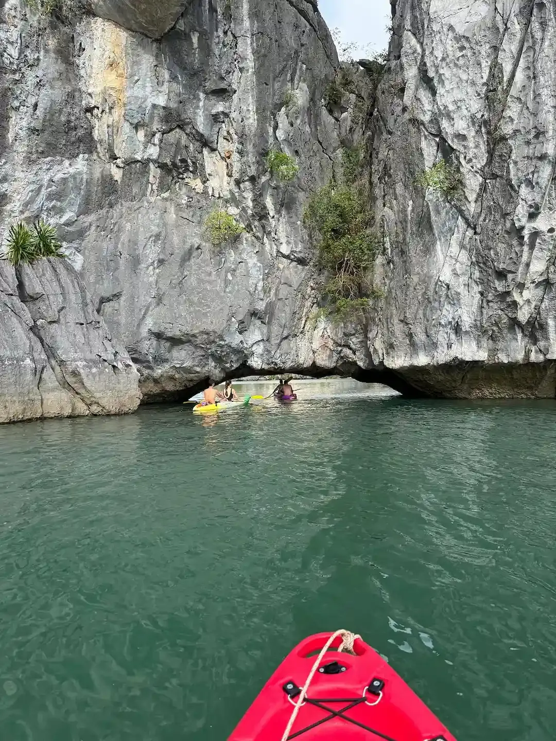 Kayaking Through Low Limestone Cave Entrance on Calm Green Water in Lan Ha Bay Vietnam
