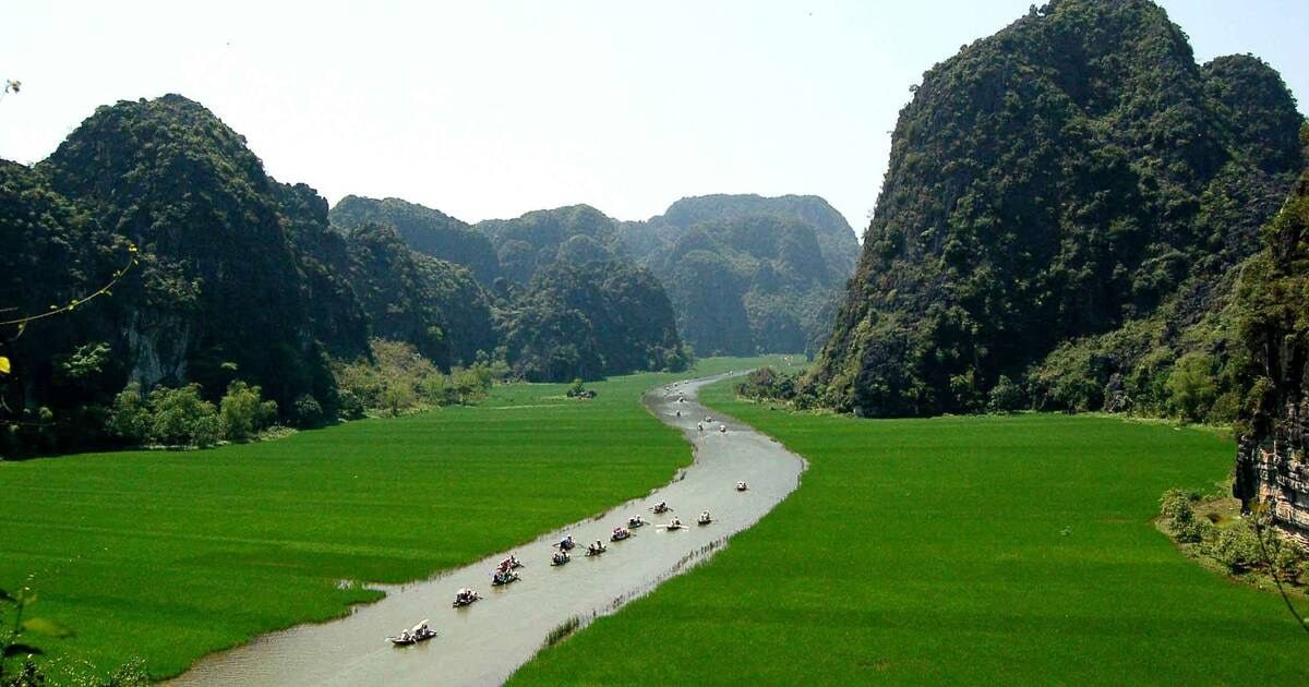 Rowboats Carrying Tourists Along a Winding River Surrounded by Expansive Green Fields and Towering Limestone Mountains in Trang An