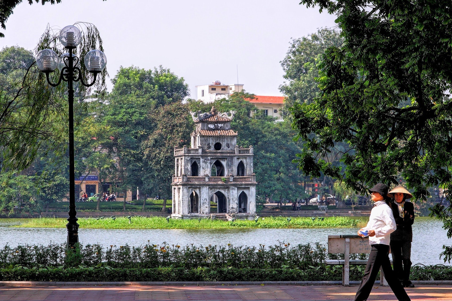 Turtle Tower on its islet in Hoan Kiem Lake, central Hanoi