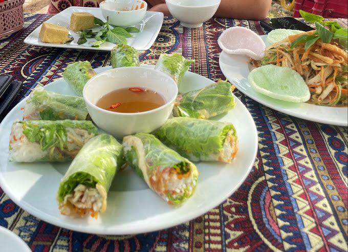 Plate of Fresh Vietnamese Spring Rolls With Dipping Sauce, Served Alongside a Salad and Other Dishes on a Patterned Tablecloth