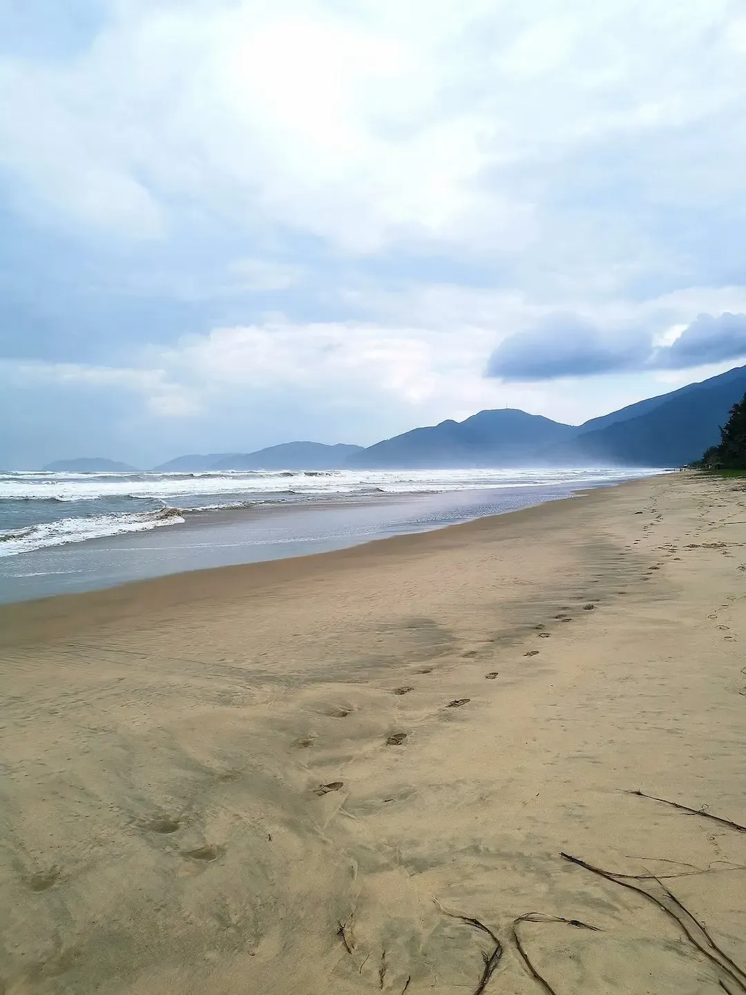 Lang Co Beach scenic sunrise view with moss-covered green rocks scattered in sand, calm waters, and forested hillside, one of Vietnam's most beautiful beaches