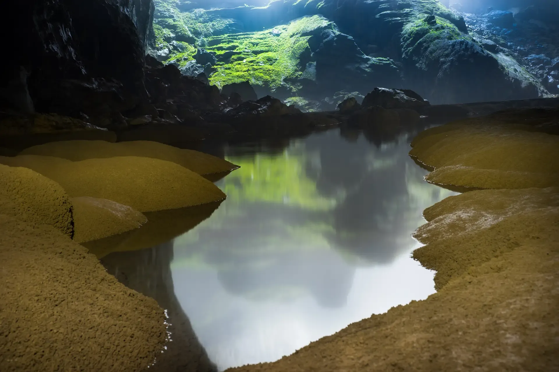 Crystal-clear stretch of underground river inside Son Doong Cave
