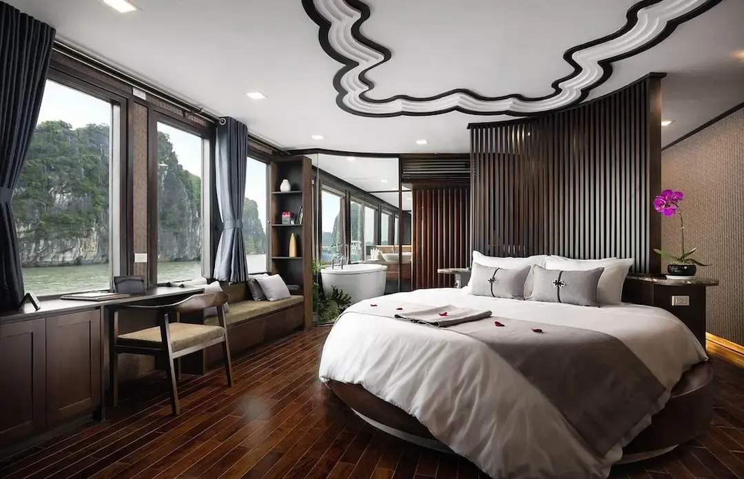 Premium Luxury Cruise Cabin at Bai Tu Long Bay With King Bed, Large Window Overlooking Limestone Cliffs and Turquoise Water, Contemporary Asian Design, Private Balcony