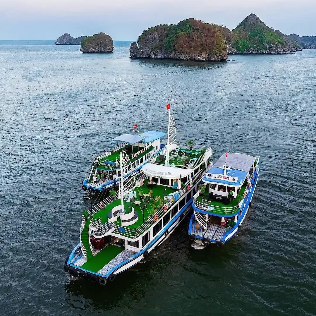 Cat Ba Eco Tourist Cruise Boats With Green Decks Anchored in Lan Ha Bay for a Day Trip Sightseeing Tour.