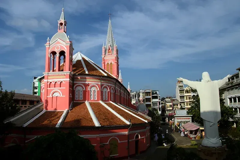 Tan Dinh Church pink facade and bell tower exterior in Ho Chi Minh City, Vietnam – famous pink church in Saigon