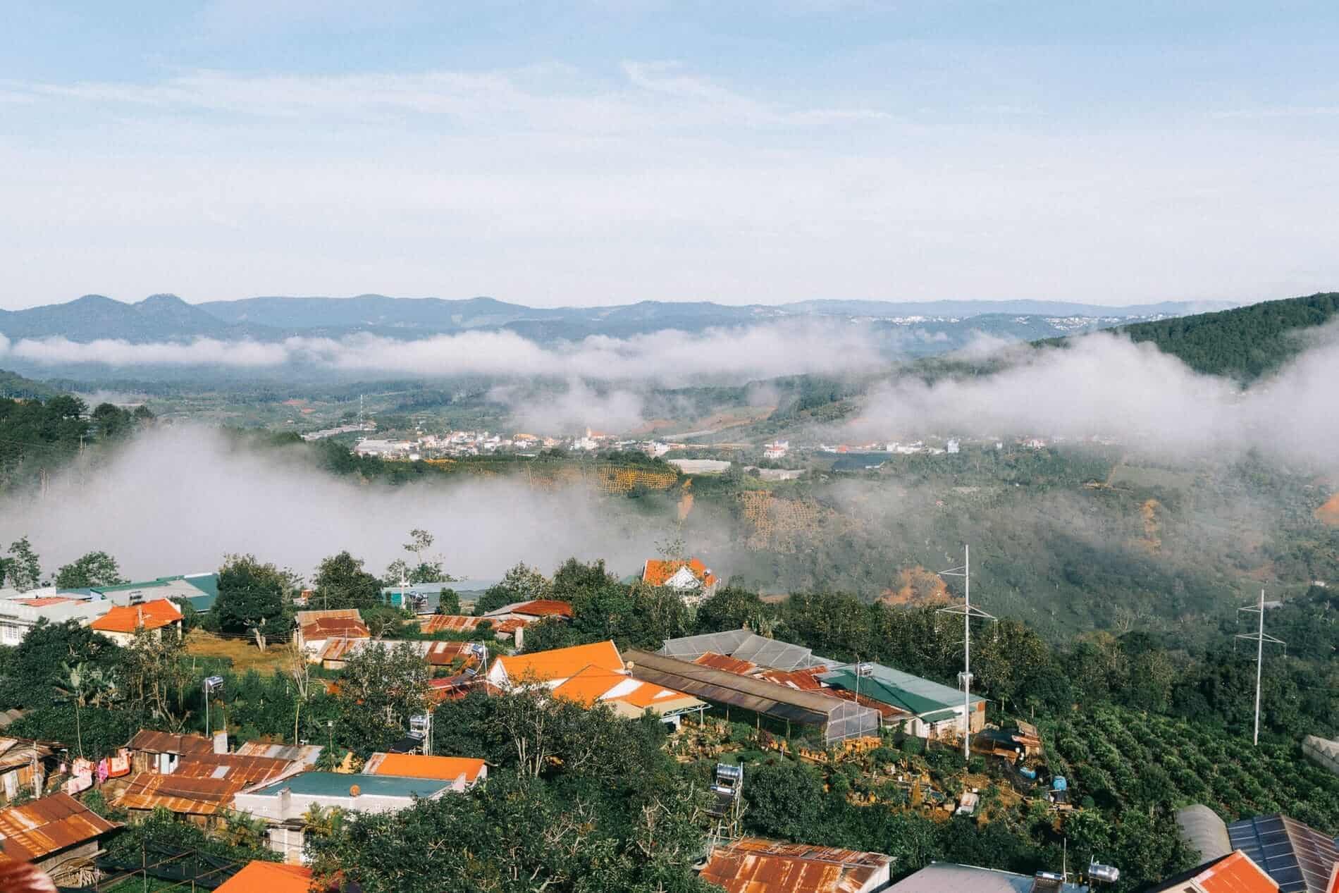 Panoramic view of Da Lat city immersed in fog