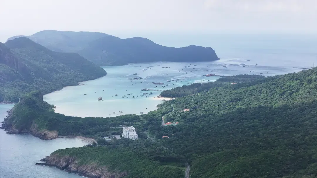 Scenic view of a blue bay with many boats surrounded by forested mountains in Con Dao National Park