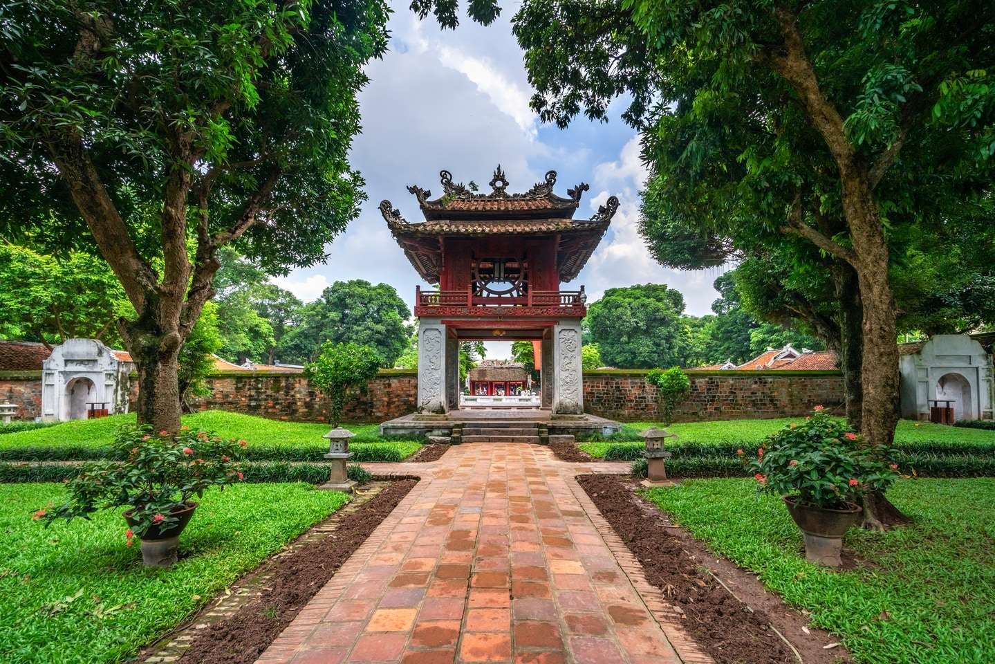 Red Khue Van pavilion at the end of a brick path in the Temple of Literature