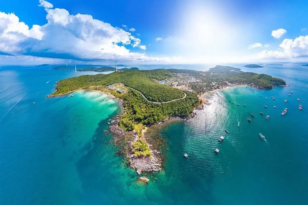 Aerial View of an Thoi Islands Archipelago With Turquoise Waters and Boats in Phu Quoc Vietnam