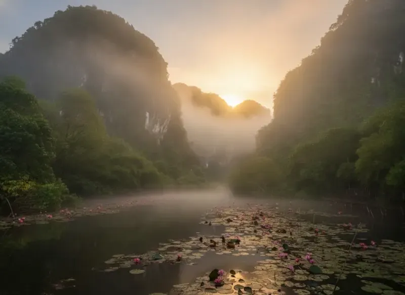 A Foggy Morning With Tam Coc Landscape in the Background