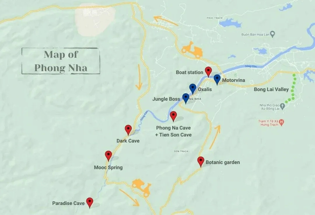 Phong Nha Map showing main spots including Jungle boss and oxalis office and Bong Lai Valley