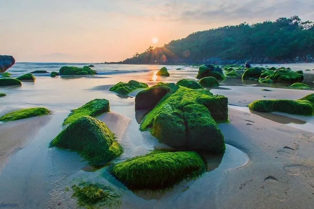 Nam O Beach near Da Nang showing a remote, peaceful sandy shoreline with footprints in sand, low tide, mountains in distance, and minimal crowds