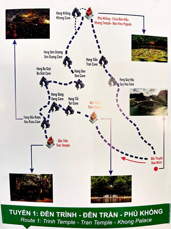 Tour Map for Route 1 in Trang An, Highlighting Various Caves, Temples, and Pagodas Along the Boat Tour Route