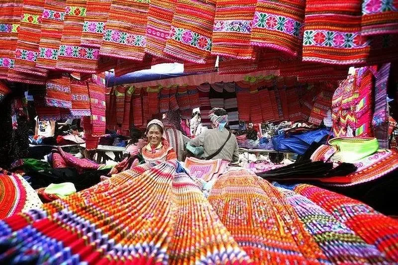 Vibrant Bac Ha Flower Hmong Textile Market Stall