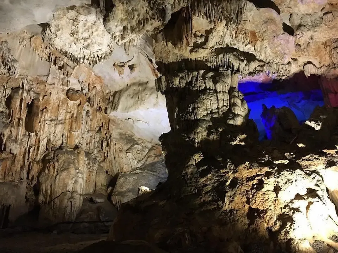 Thien Canh Son Cave at Bai Tu Long Bay Featuring Dramatic Stalactites Illuminated With Eco Friendly Led Lighting   Peaceful Cave Exploration