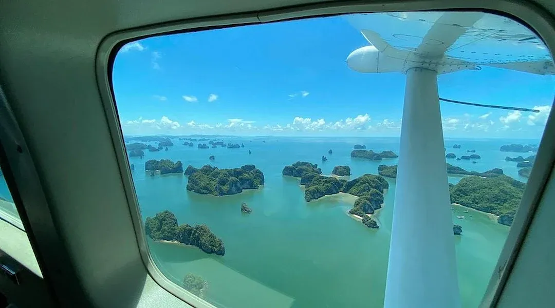 Aerial View of Lan Ha Bay Limestone Islands From a Seaplane Flight Over Cat Ba Archipelago Vietnam.