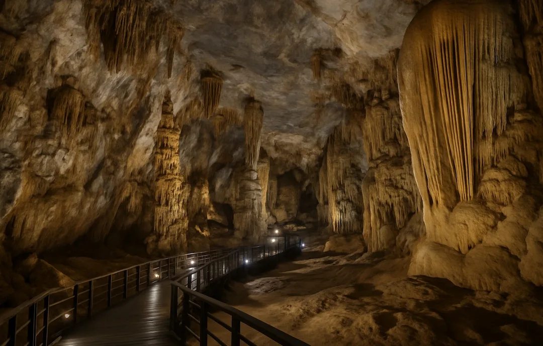 Lit boardwalk running between stalagmites inside Paradise Cave, Phong Nha