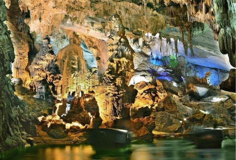 Vividly Colored Rock Formations and Stalactites Inside Thien Cung Cave.