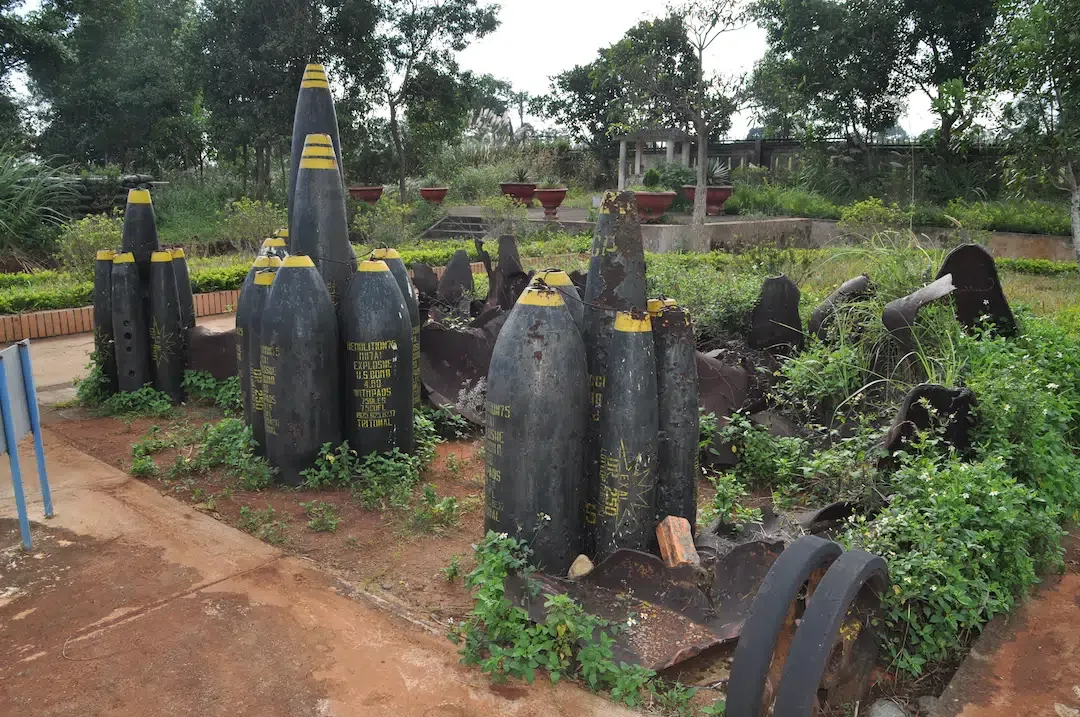 Large bomb shell relics on display in the garden of the Khe Sanh victory monument museum