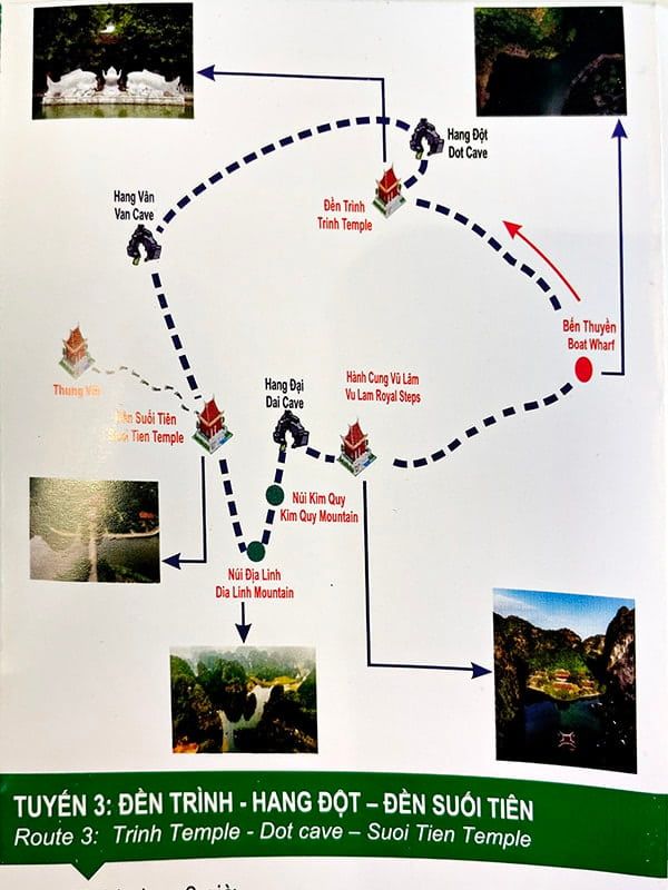 Tour Map for Route 3 in Trang An, Featuring Notable Caves, Temples, and the Royal Steps as Part of the Boat Tour Experience