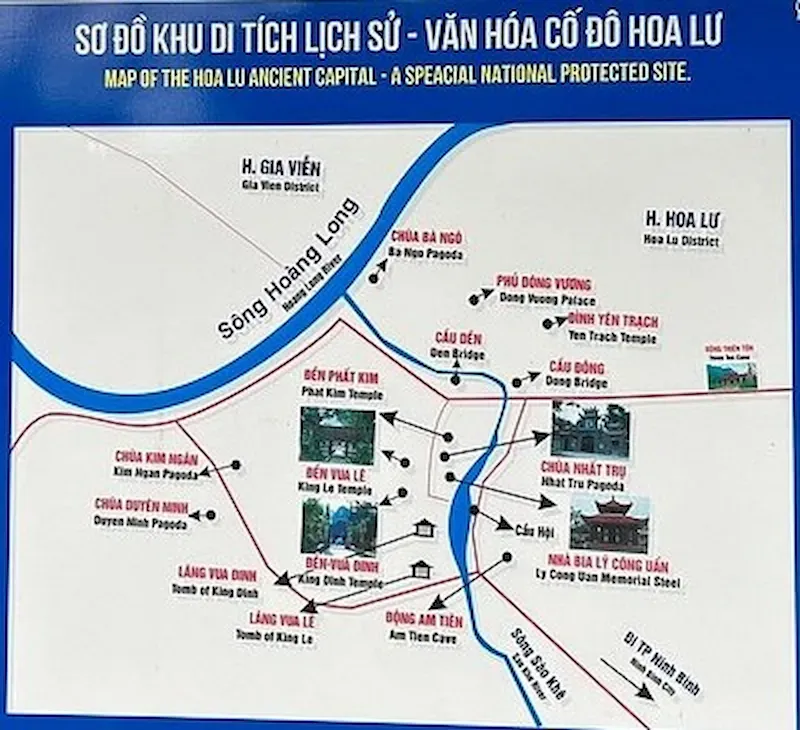Hoa Lu Ancient Capital Tourist Map Showing Dinh Tien Hoang Temple Le Dai Hanh Temple Nhat Tru Pagoda and Trang an Caves With Route Navigation Ninh Binh Attractions