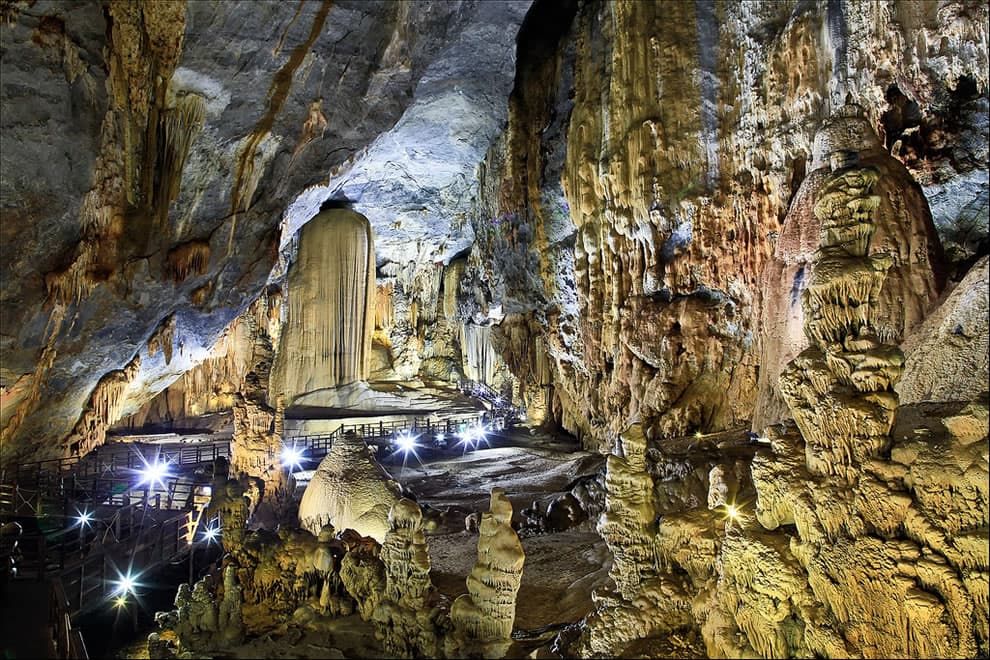 Inside View of Paradise Cave With Illuminated Stalactites and Stalagmites.