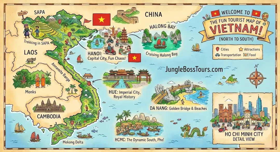 An illustrated tourist map of Vietnam by Jungle Boss showing top travel destinations including Hanoi, Halong Bay, Hue, Da Nang, and Ho Chi Minh City.