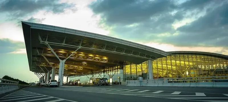 Noi Bai International Airport terminal in Hanoi at dusk