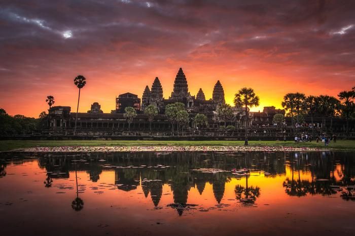 Sunrise at Angkor Wat, Cambodia, With Silhouette Reflection in the Lotus Pond