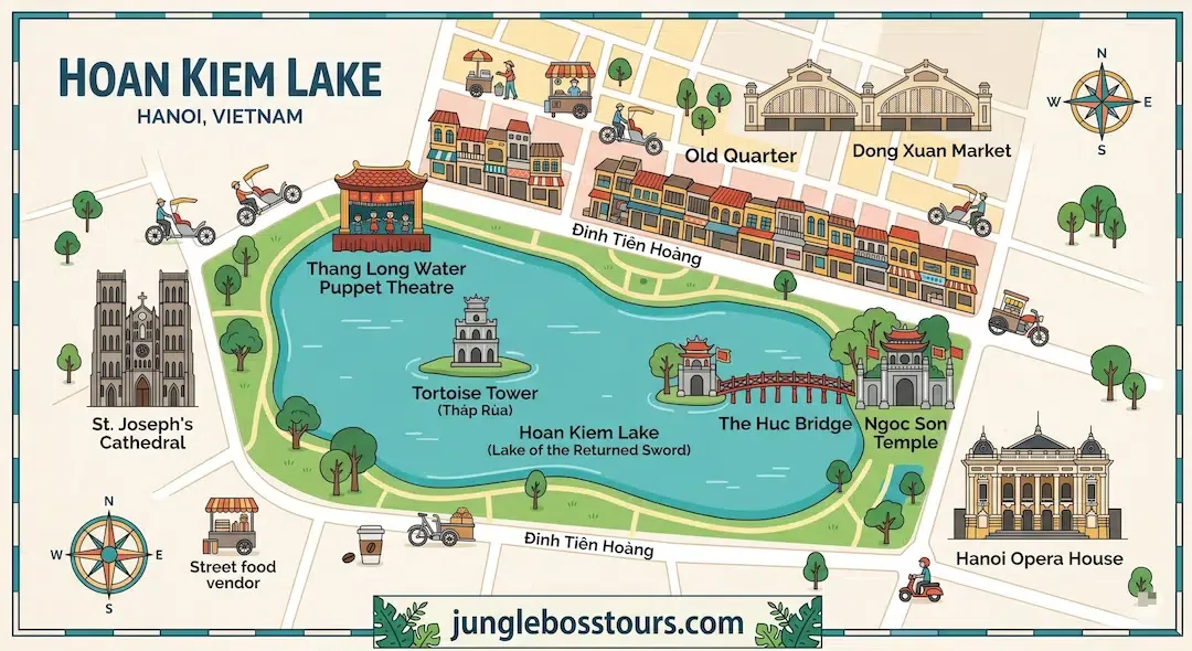 Colorful illustrated tourist map of Hoan Kiem Lake in Hanoi Vietnam showing top city attractions and nearby streets include old quarter