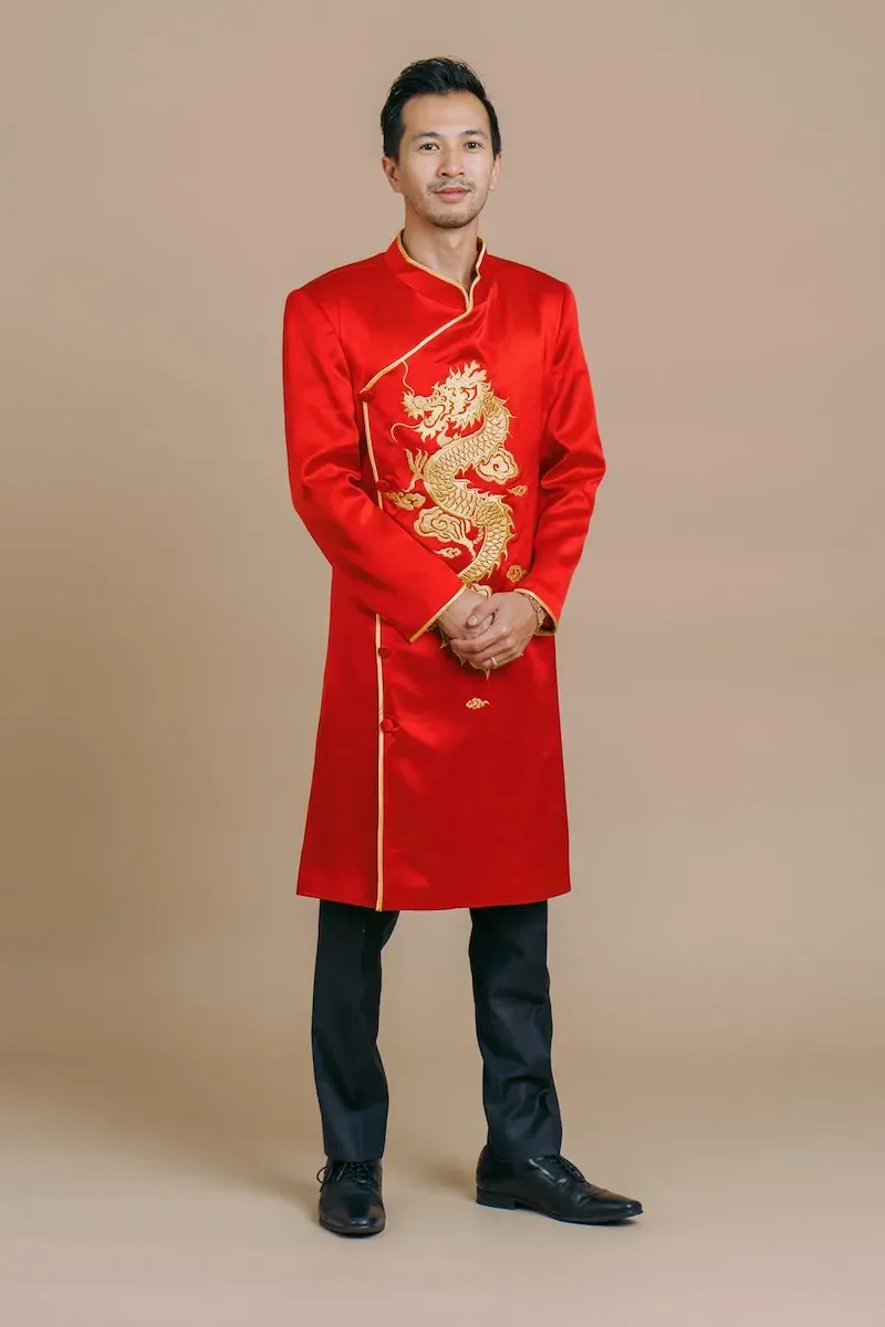 Red Ao Dai Worn by a Man on Special Occasion Like on New Year