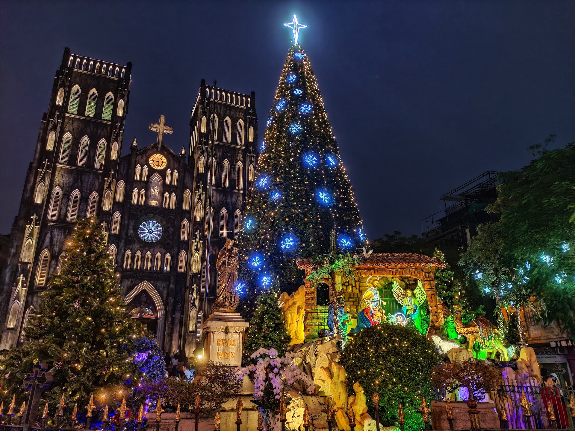 St Joseph's Cathedral in Hanoi at night beside a lit Christmas tree and nativity scene