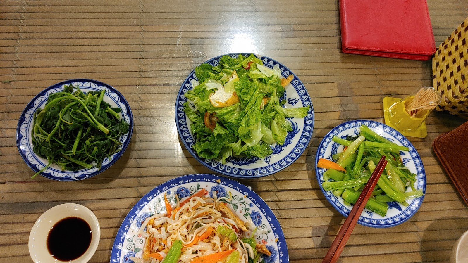 Vegetarian dishes shared at a chay restaurant in Hue