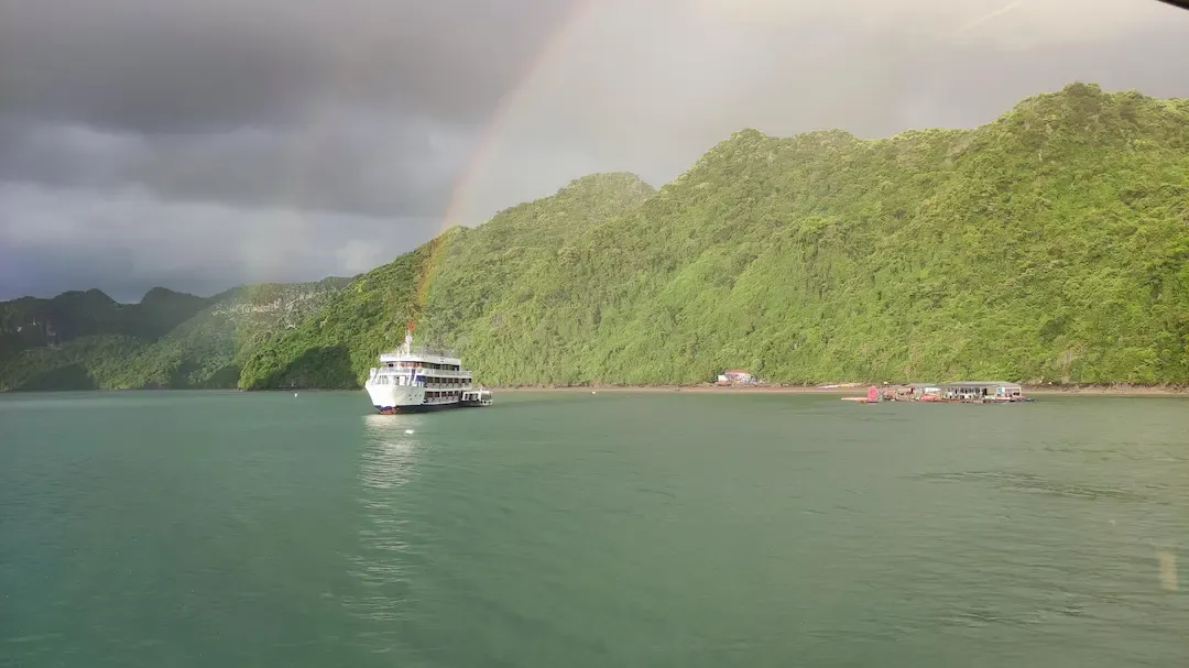 a Beautiful Rainbow With a Cruise Ship in Background Somewhere in Halong, Vietnam