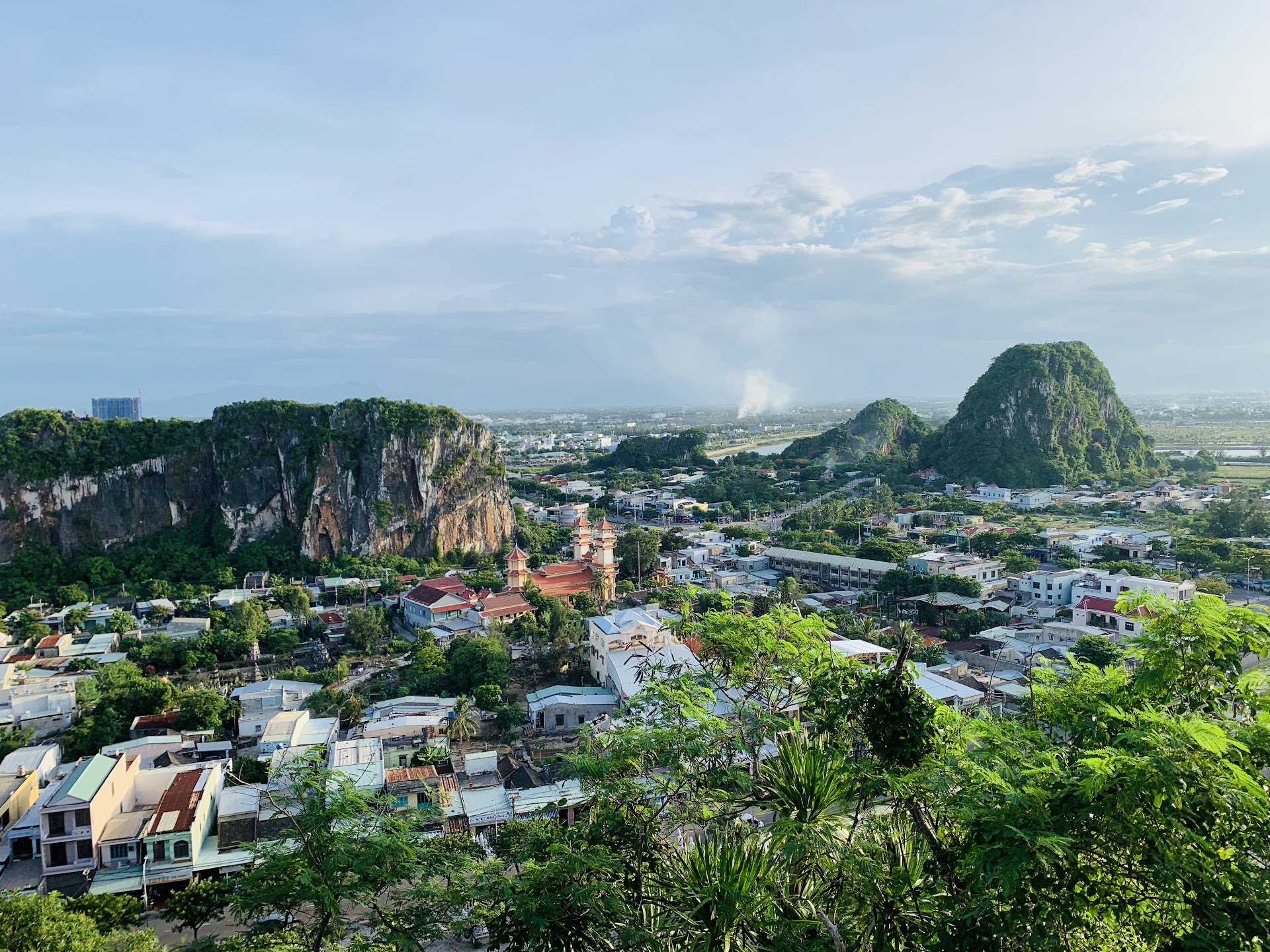 View over houses to the limestone hills of the Marble Mountains near Da Nang