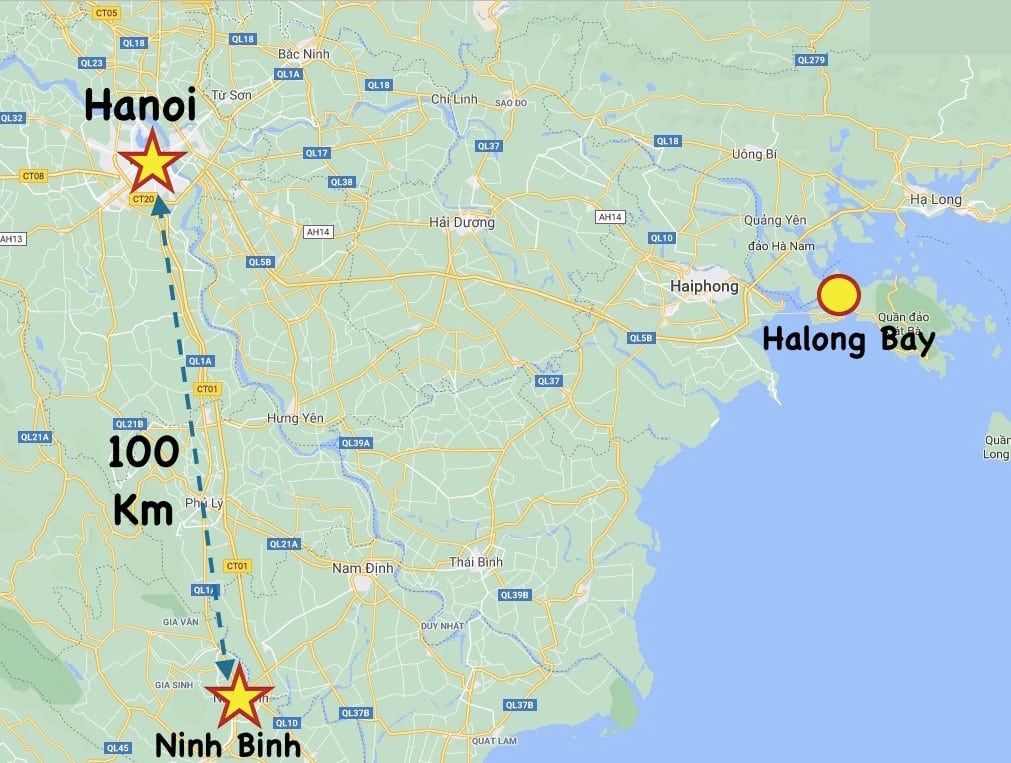 Map Showing the Location of Ninh Binh in Relation to Hanoi and Halong Bay, Indicating a 100 Km Distance From Hanoi to Ninh Binh