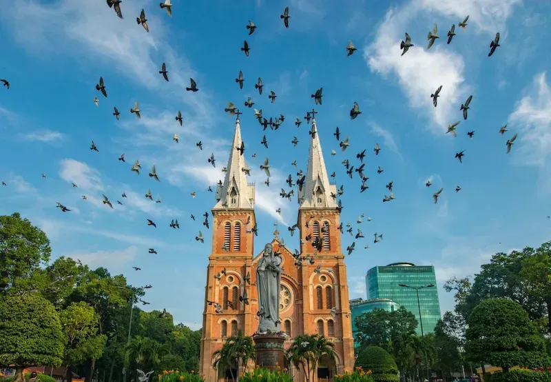 Bids Flying in Front of Notre Dame Cathedral in Ho Chi Minh City
