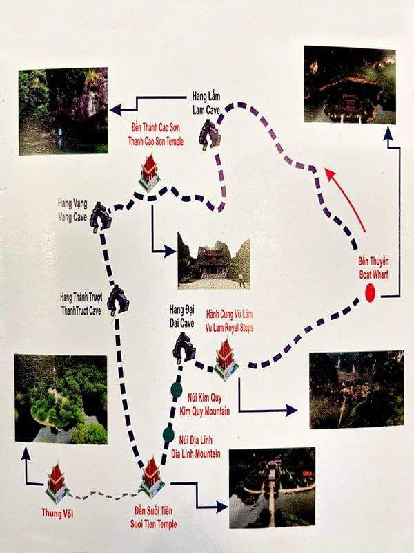 Tour Map for Route 2 in Trang An, Detailing Different Caves and Temples to Visit on the Boat Tour