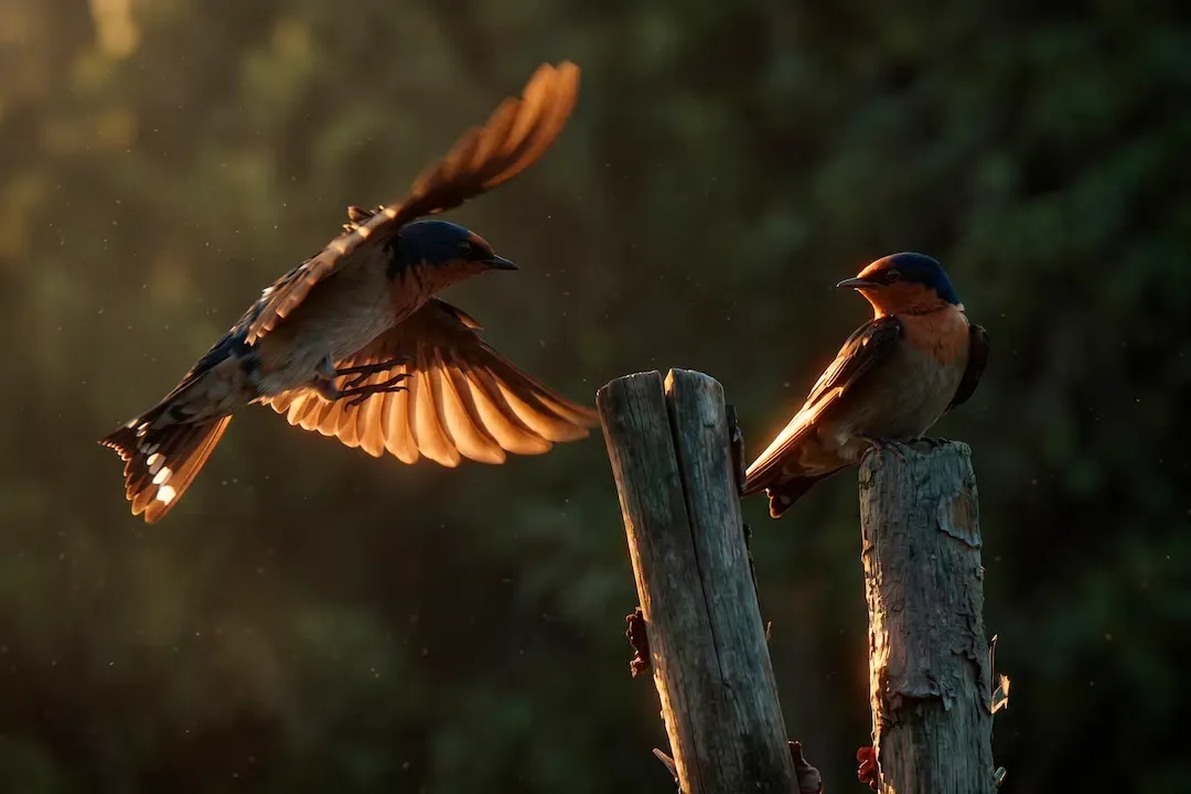 Two cave swiftlet birds with distinctive blue and orange plumage resting on a split wooden log