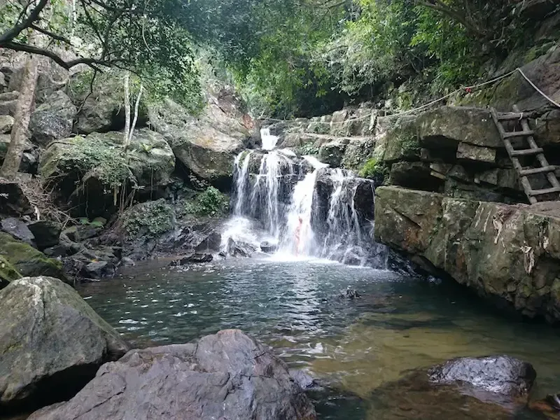 Waterfall and pool at Phong Nha Botanic Garden with jungle foliage and hiking trail in Vietnam