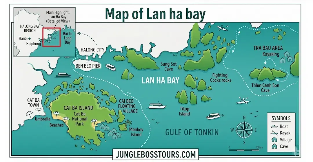 Illustrated travel map of Lan Ha Bay in Vietnam showing top attractions, Cat Ba National Park, and kayaking routes.