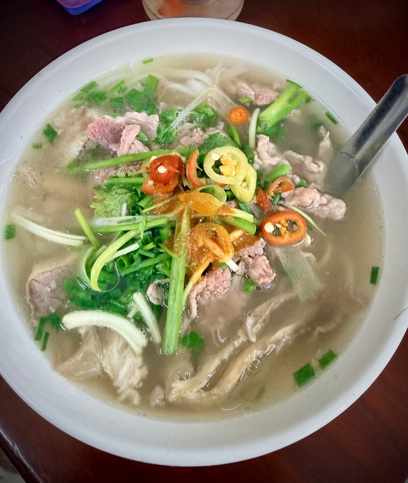 A bowl of pho with beef and spring onion in Hanoi