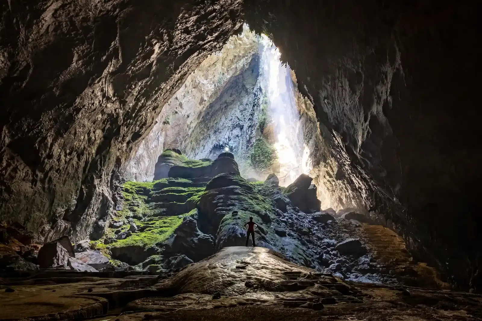 Expedition inside Son Doong Cave, Vietnam, showing the first doline with sunlight illuminating lush green vegetation and limestone formations.