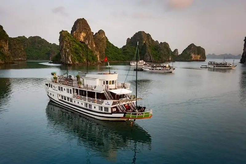 Peaceful Bai Tu Long Bay Landscape With Lush Green Limestone Cliffs, Calm Turquoise Water, and Scattered Boats   Serene Uncrowded Bay Experience