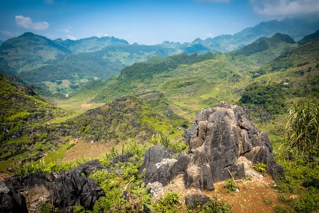 The rugged limestone landscape and jagged peaks of the Dong Van Karst Plateau UNESCO Global Geopark in Ha Giang province