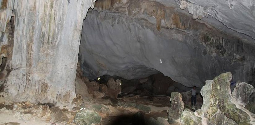 Small group dwarfed by the scale of a lit cave chamber in Vietnam