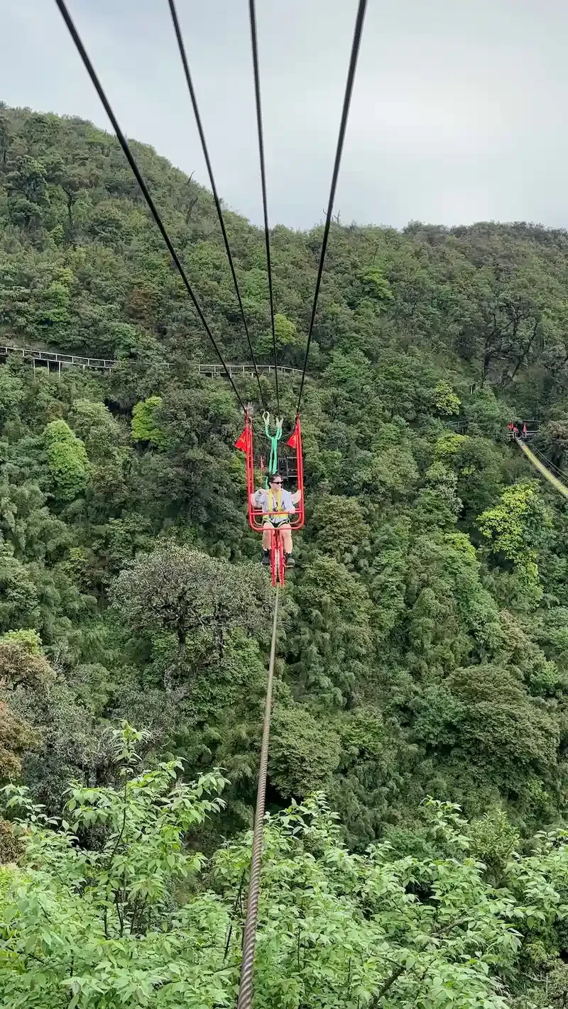Visitor Seated on a Red Cable Chair Bicycle Suspended Over the Forested Valley at Sapa Glass Bridge Area. It Is a Top Activity to Do There