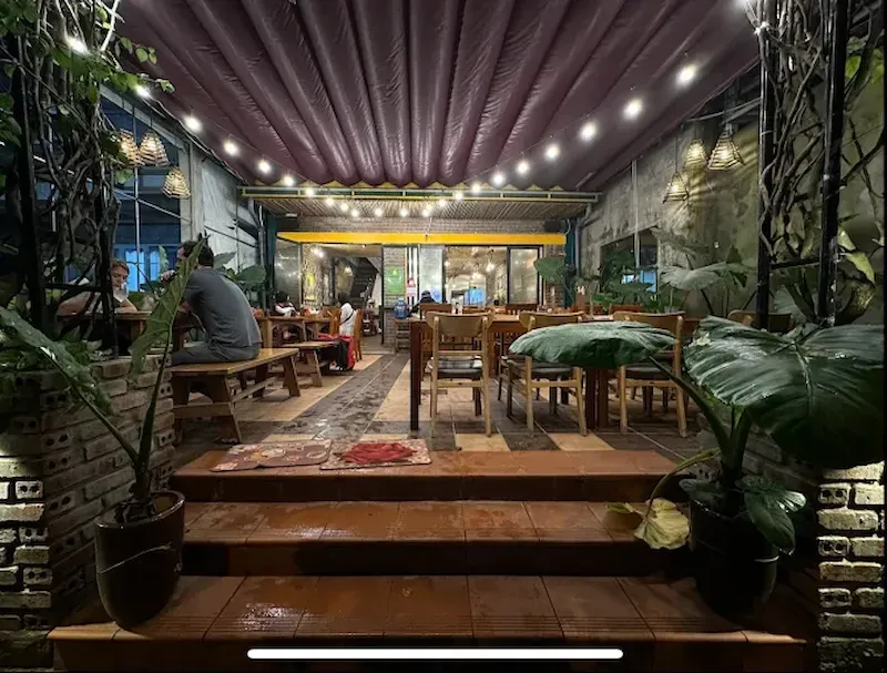 Bamboo Chopsticks Restaurant garden setting with spring rolls and traditional Vietnamese cuisine at Phong Nha