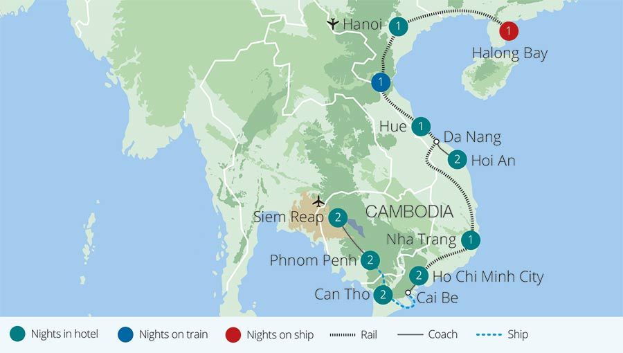 Map of a Travel Route Through Vietnam and Cambodia, Showing Locations Such as Hanoi, Halong Bay, Hue, Da Nang, Hoi An, Nha Trang, Ho Chi Minh City, and Several Others